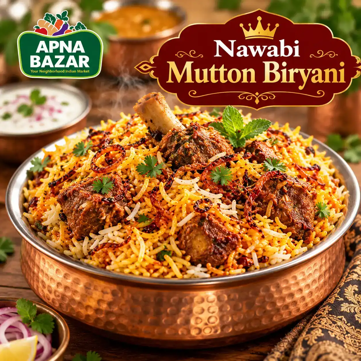 Nawabi Mutton Biryani — Experience the regal flavors of Nawabi Mutton Biryani, where succulent at Apna Bazar - Eatery